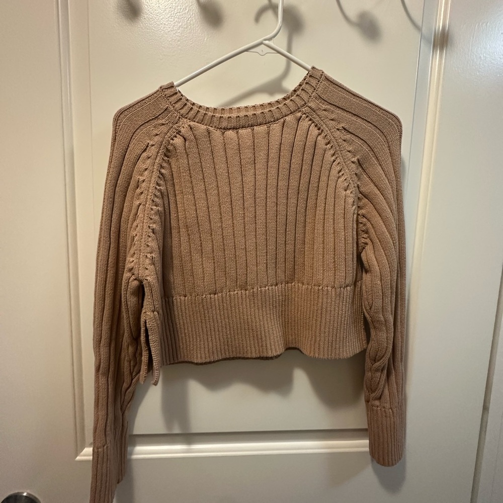 La Hearts Camel Ribbed Crew Neck Sweater